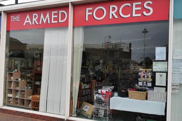 The smashed window of Gosport's Armed Forces charity shop. Photo: Gosport police