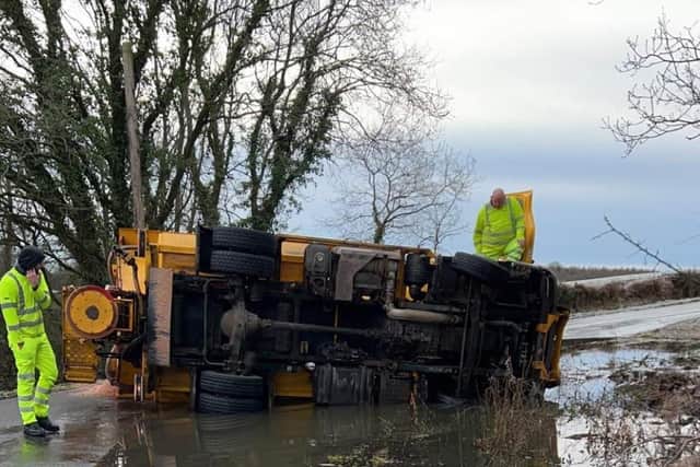 The gritter was seen on its side in Trampers Lane, North Boarhunt. Picture: Chyna Wright