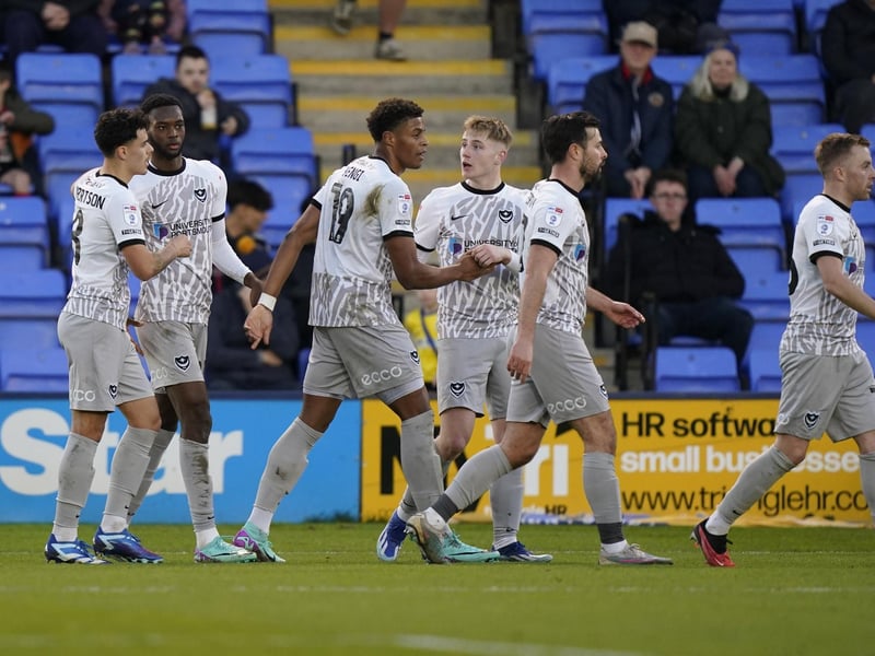 The Pompey players celebrate Abu Kamara's opener against Shrewsbury