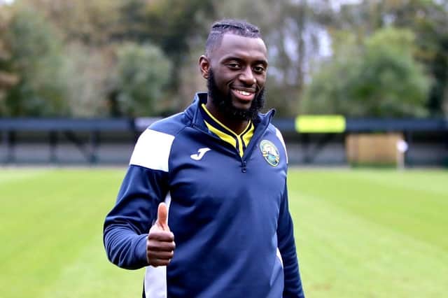 Goalscorer Nick Dembele gives a thumbs up after Gosport's win at Truro. Picture: Tom Phillips