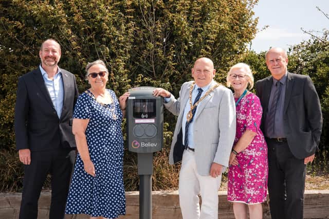 The Pebble Beach car park unveiling was attended by council leader Peter Chegwyn (far right), Gosport Mayor and Mayoress Martin (centre) and Suzanne Pepper and CEO of Believ, Perran Moon, far left