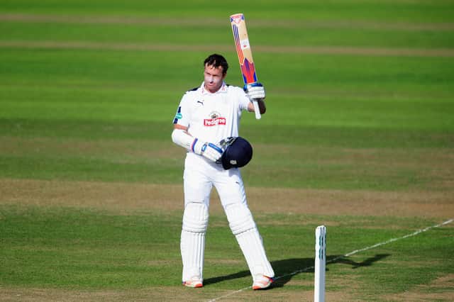 Sean Ervine celebrates his first innings century at Taunton in August 2016. He made another one in the second innings. Photo by Harry Trump/Getty Images.
