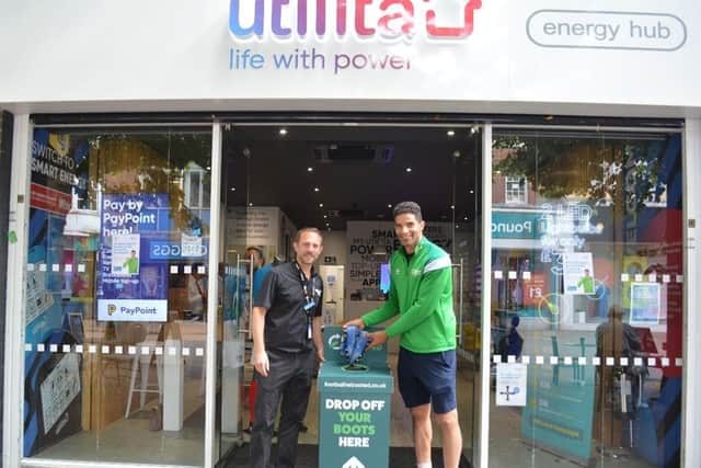 Pompey hero David James has opened a football boot donation point on Gosport High Street to help struggling families get sports kit. Picture: Utilita Energy.