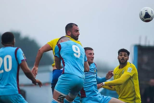 Simon Walton heads Hawks' winner at Weymouth on New Year's Day - one of 11 away league wins in 2019/20. Photo By Kieron Louloudis