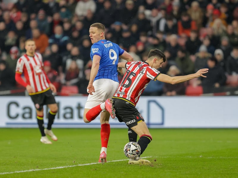 Colby Bishop attempts a back-heeled shot in the first half of Pompey's clash at Sheffield United. Picture: Jez Tighe