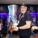 Kev McCormack with the Checkatrade Trophy following Pompey's Wembley win over Sunderland in March 2019. Picture: Joe Pepler