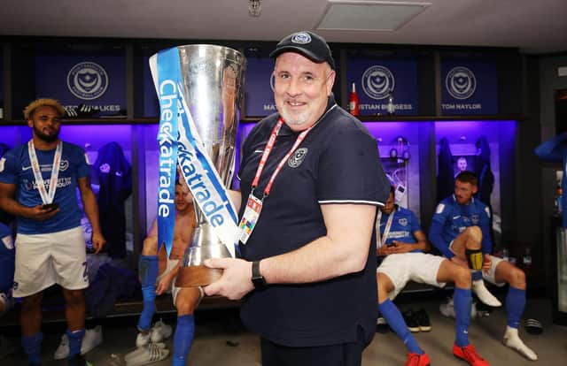 Kev McCormack with the Checkatrade Trophy following Pompey's Wembley win over Sunderland in March 2019. Picture: Joe Pepler