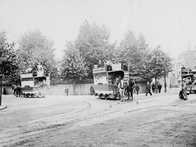 Horse trams of the Provincial Tramway Company with Museum Road going off to the left and Landport Terrace behind the female pedestrian
