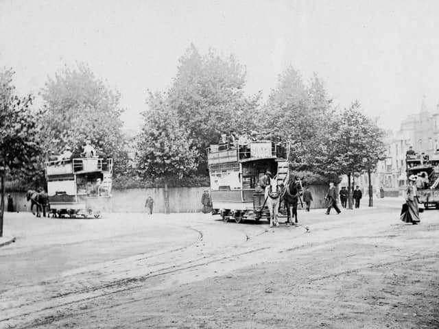 Horse trams of the Provincial Tramway Company with Museum Road going off to the left and Landport Terrace behind the female pedestrian