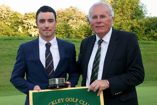 Flashback - Hayling's Darren Walkley receives the Delhi Trophy from Hockley Golf Club captain Stephen Moore in 2014.  Picture by Andrew Griffin.