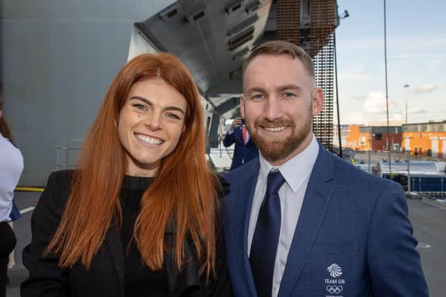 Paralympian Lauren Steadman with Olympic BMX bronze medallist Declan Brooks on HMS Prince of Wales. Photos by Alex Shute