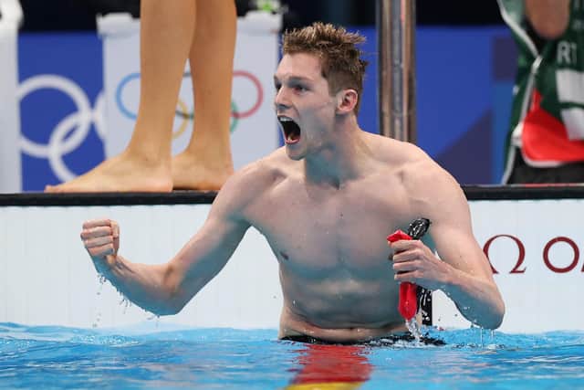 Duncan Scott reacts after winning the gold medal in the Men's 4 x 200m Freestyle Relay Final in Tokyo. Photo by Al Bello/Getty Images.