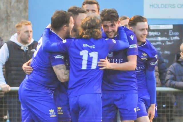 Baffins celebrate a goal at Moneyfields. Picture: Martyn White