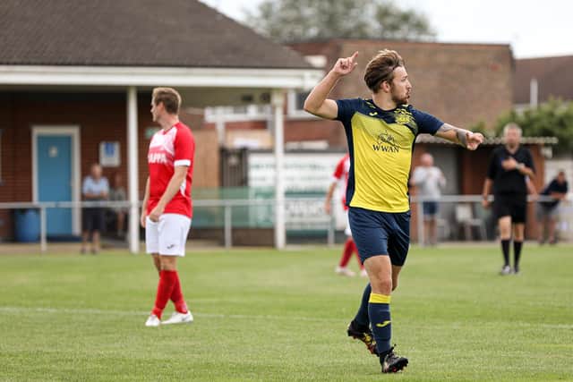 Jake Knight's goal celebration against Stockbridge. Picture: Chris Moorhouse
