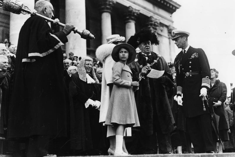 Princess Elizabeth on the steps of the Guildhall Portsmouth 1937.