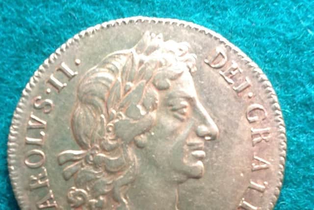 The stunning Charles 11 two guinea coin, dated 1678, sold for £7,200 at the Nesbit collectables. Pic Nesbit