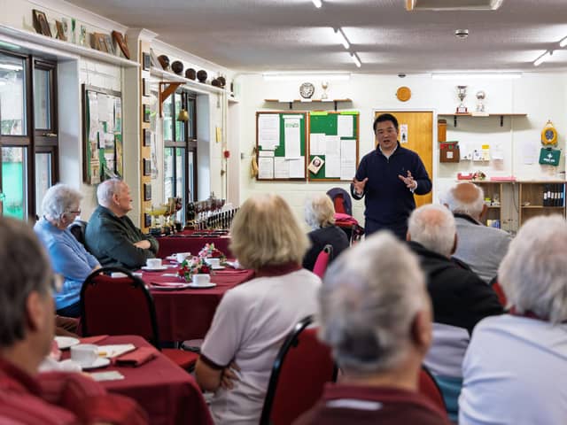 Alan Mak MP talks to members of Purbrook Heath Bowls Club