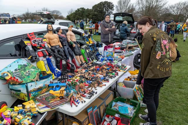 A car boot sale in Southsea, April 2023. Stallholder Jonathan Barber empties his loft prior to moving house. Picture: Mike Cooter (020423)