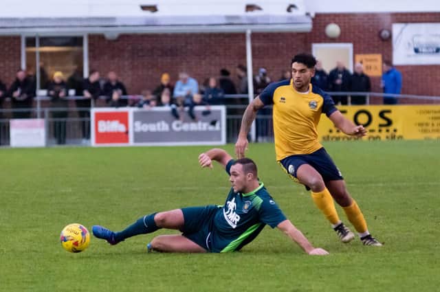 Theo Lewis, right, went closest for Gosport in a dull 0-0 home draw with Salisbury. Picture: Duncan Shepherd