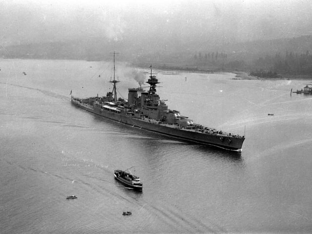 Aerial photograph of HMS Hood entering Vancouver Harbour, most likely during her Empire Cruise of 1923-1924.