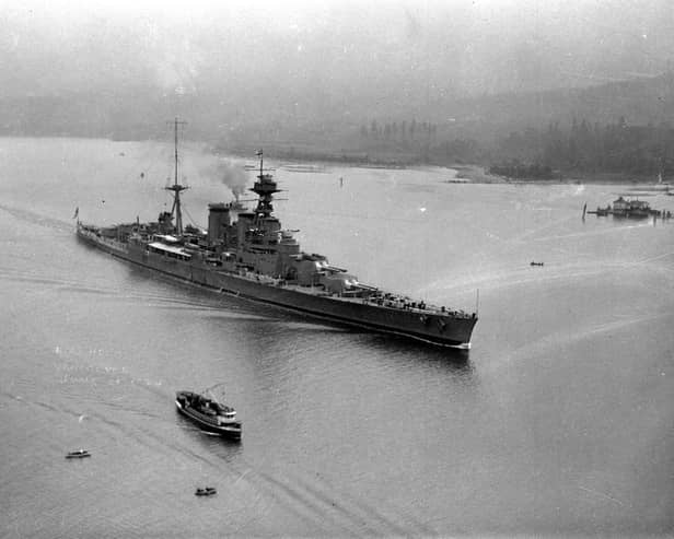 Aerial photograph of HMS Hood entering Vancouver Harbour, most likely during her Empire Cruise of 1923-1924.