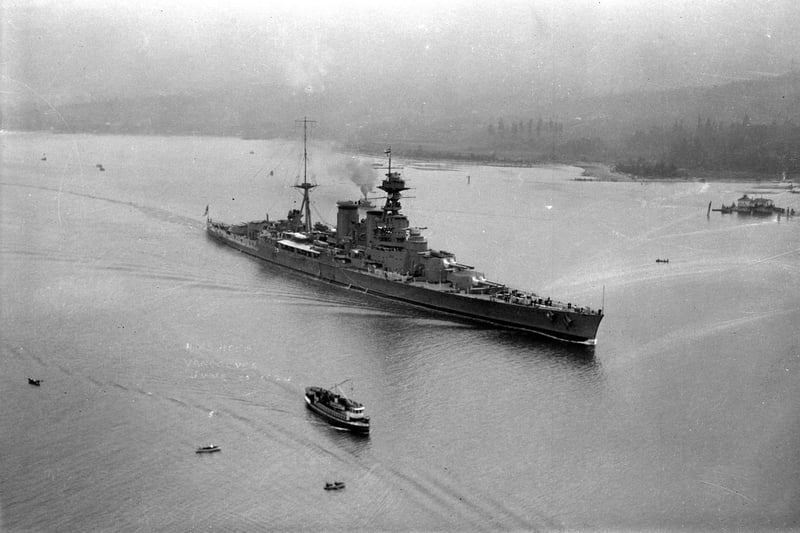Aerial photograph of HMS Hood entering Vancouver Harbour, most likely during her Empire Cruise of 1923-1924.
