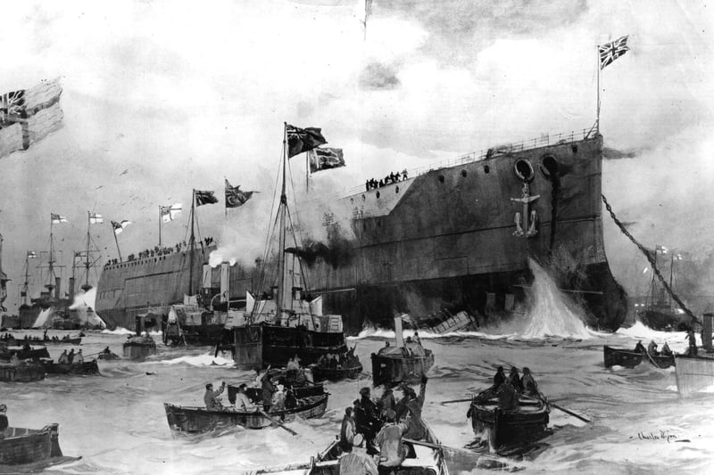 17th February 1906:  The most powerful battleship in the world, the HMS 'Dreadnought' at its launch by the King at Portsmouth.  (Photo by Hulton Archive/Getty Images)