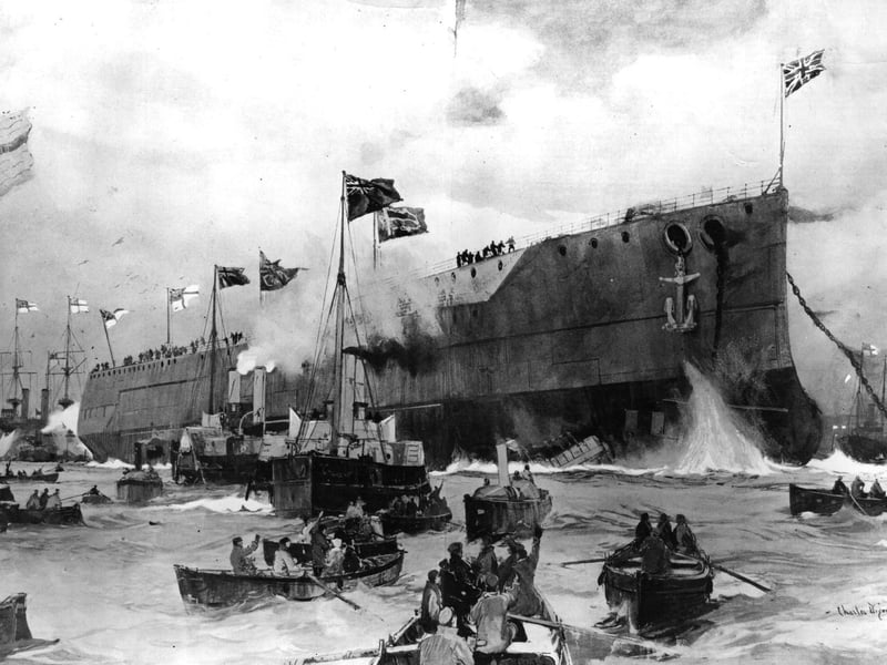 17th February 1906: The most powerful battleship in the world, the HMS 'Dreadnought' at its launch by the King at Portsmouth. (Photo by Hulton Archive/Getty Images)
