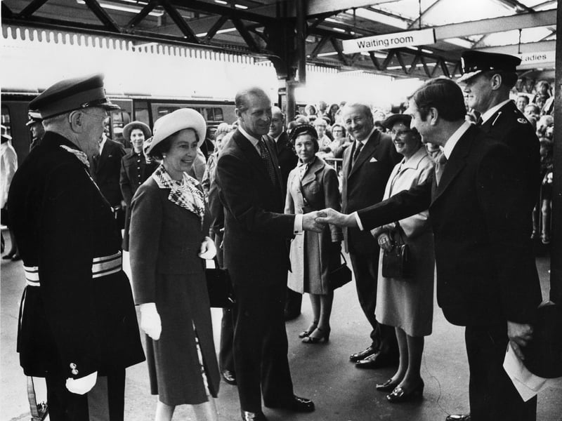 Mr Keith Ricketts, Station Manager, presented Queen Elizabeth and the Duke of Edinburgh at Portsmouth Harbour Station 1977.