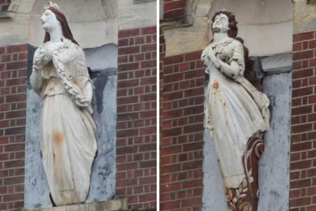 The HMS Martin figurehead at HMS Nelson Wardroom, left, and the HMS Seaflower figurehead. Both figureheads pictured before restoration. Picture: Portsmouth City Council