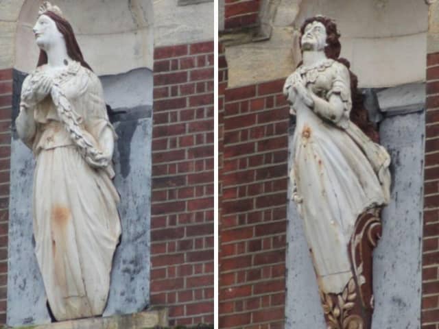 The HMS Martin figurehead at HMS Nelson Wardroom, left, and the HMS Seaflower figurehead. Both figureheads pictured before restoration. Picture: Portsmouth City Council