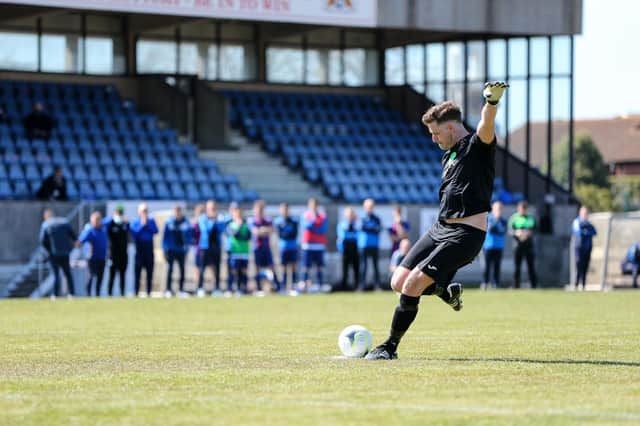 Tom Price about to 'shank' his penalty in the FA Vase shoot-out against Christchurch. Picture: Chris Moorhouse