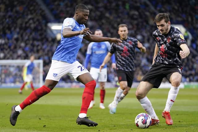 Loanee Di'Shion Bernard goes on the attack during his Pompey debut against Barnsley. Picture: Jason Brown/ProSportsImages