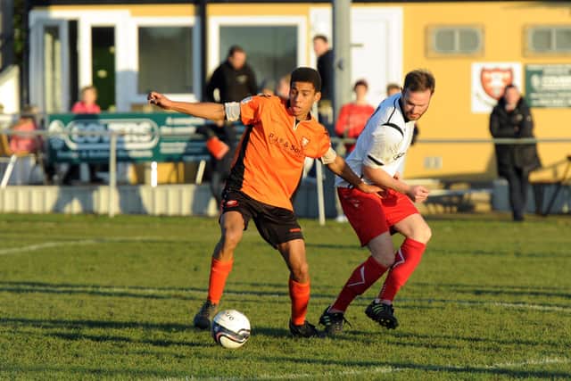 Andy Rinomhota in FA Vase action for Portchester against Tunbridge Wells in December 2014.  Picture: Paul Jacobs