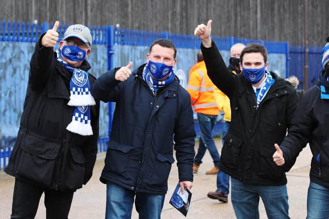 These Pompey fans arrive at Fratton Park for the first time in nearly nine months for the visit of Peterborough