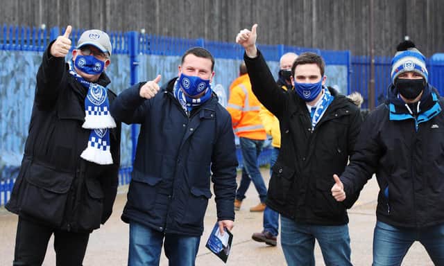 These Pompey fans arrive at Fratton Park for the first time in nearly nine months for the visit of Peterborough