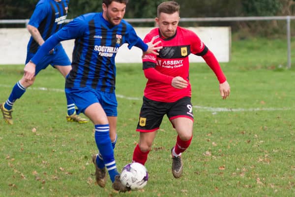 Billy Connor, right, pictured in Wessex League Premier action for Petersfield Town against Fareham in 2017/18.