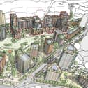 An artist's impression of the proposed City Centre North development in Portsmouth with the two first phase buildings identified