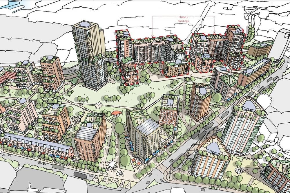 An artist's impression of the proposed City Centre North development in Portsmouth with the two first phase buildings identified