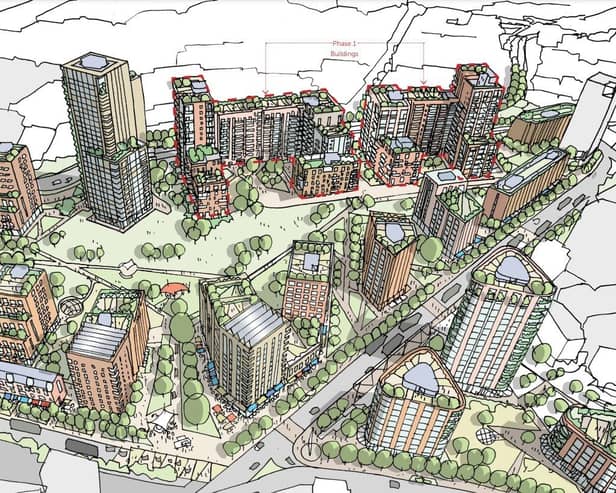 An artist's impression of the proposed City Centre North development in Portsmouth with the two first phase buildings identified