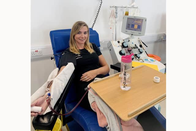 Gemma Lewis donating her plasma.