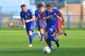 Callum Dart on the ball for Baffins during their shock FA Vase loss to Andover Town. Picture: Martyn White