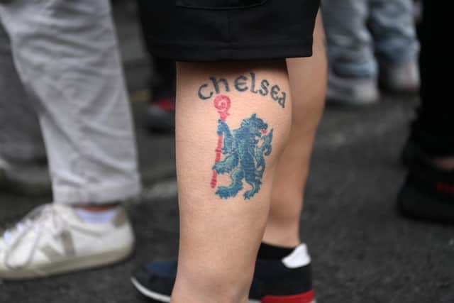 A tattoo of the emblem of Chelsea on the leg of fan Picture: Michael Regan/Getty Images