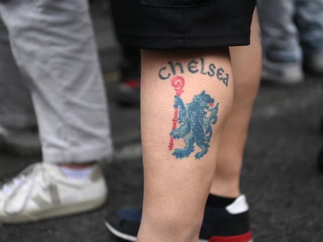 A tattoo of the emblem of Chelsea on the leg of fan Picture: Michael Regan/Getty Images