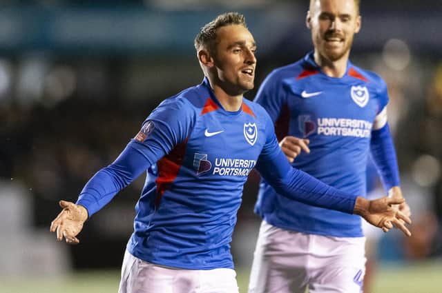 Brandon Haunstrup celebrates his maiden Pompey goal at Harrogate Town - in his first start at right-back for the club. Picture: Daniel Chesterton/PinPep
