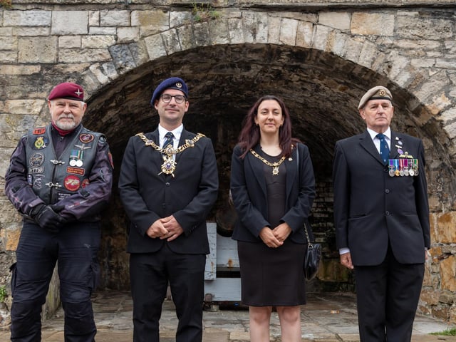 Attendees at the Falklands Memorial Service at Old Portsmouth. Pictured: Vic Thorne (Airborne Forces Riders), Councillor Tom Coles (Lord Mayor of Portsmouth) Nikki Coles (Lady Mayoress of Portsmouth) and Michael May (Royal British Legion).
Picture: Mike Cooter