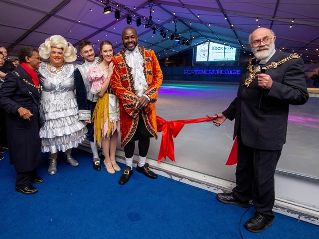 Lord Mayor Hugh Mason cuts the ribbon to officially open the ice rink with The Kings Theatre's panto stars
