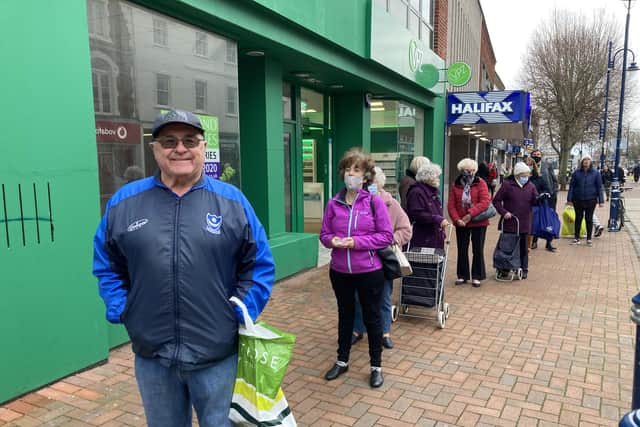 Graham Sampson, 74, from Gosport, was in the queue for Card Factory in Gosport, next in line was Dorrie Litherland, also from Gosport.