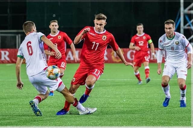 Jack Breed in action for Gibraltar under-21. Picture by Neil Wilson.