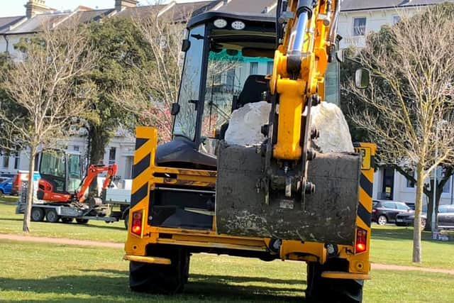 Portsmouth council placing boulders around another section of Southsea Common to keep out unauthorised encampments. Picture taken by Cllr Lee Hunt on April 20, 2021